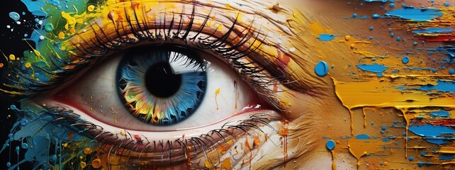The artist's eyes are colored with paint. Creative art concept - obrazy, fototapety, plakaty
