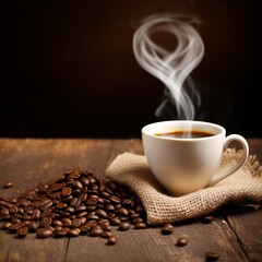 Fototapeta premium close up of coffee cup on wooden table steam rising 