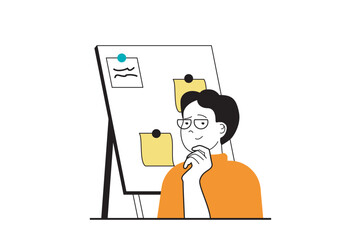 Education concept with people scene in flat web design. Man thinking and brainstorming, preparing presentation for university lesson. Vector illustration for social media banner, marketing material.