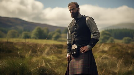 Portrait of a Traditional Fictional Scottish Man Wearing a Kilt. Meadow of Scotland Highland Background. Generative AI Illustration. - obrazy, fototapety, plakaty