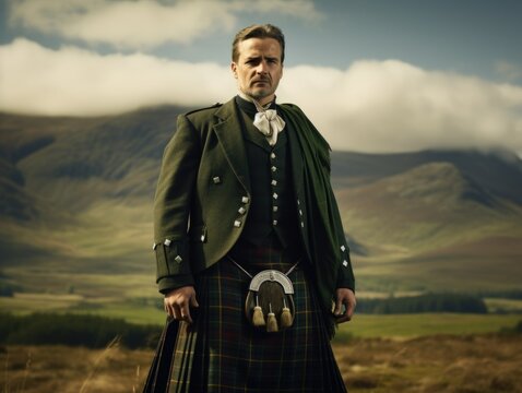 Portrait of a Traditional Fictional Scottish Man Wearing a Kilt. Meadow of Scotland Highland Background. Generative AI Illustration.