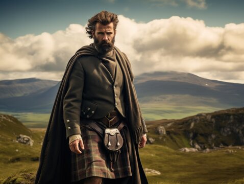 Portrait of a Traditional Fictional Scottish Man Wearing a Kilt. Meadow of Scotland Highland Background. Generative AI Illustration.