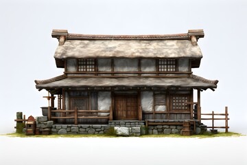 Traditional wooden house with trees isolated on white background in real estate sale property investment new home for big family, village, relax, old. 3d illustration of residential building exterior