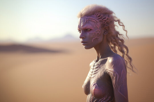 Alien monster princess, a fantasy portrait of a stylish female creature standing outdoors in the desert. Generative AI illustration	
