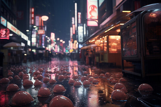Colorful alien eggs on the streets of the big city. Various monster eggs at night, close view	
