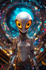 Beautiful colorful alien, an incredible cute alien monster with big eyes. Looking at the camera. Generative AI illustration
- 642392839
