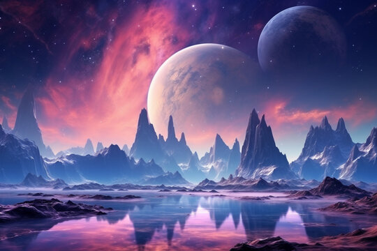A colorful alien landscape, the fantastic nature of a distant alien planet. Generative AI illustration	

