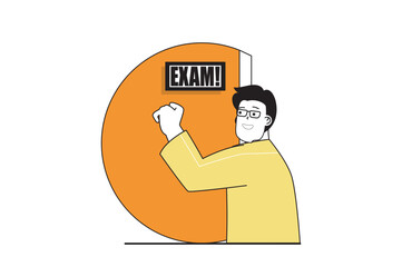 Education concept with people scene in flat web design. Student knocking at classroom door and preparing to take school examinations. Vector illustration for social media banner, marketing material.