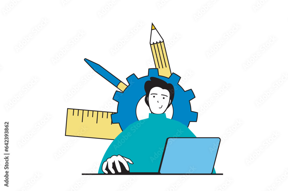 Leinwandbilder education concept with people scene in flat web design. young guy student learning online using lapt