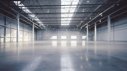 Empty storage facility with ample lighting. - obrazy, fototapety, plakaty