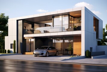 Modern house with trees isolated on white empty background in real estate sale or property investment concept. Buying new home for big family. 3d illustration of residential building exterior.