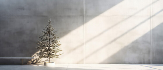Minimalistic Christmas tree, evergreen fir or spruce  on empty concrete wall. Christmas and New Year mockup. Loft interior concept with empty space. Xmas background. Generative ai.