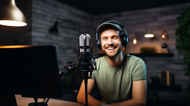 smiling young male blogger using video on camera at home