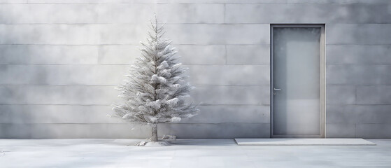 Front door, entrance with Christmas tree, fir or spruce. empty concrete wall. Christmas and New Year mockup. Loft exterior concept with empty space. Xmas background. Minimaal Generative ai.