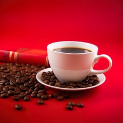 Obraz premium Cup of coffee with fresh roasted coffee beans isolated on a red background
