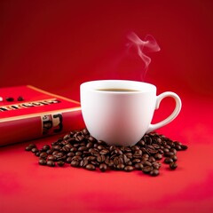 Cup of coffee with fresh roasted coffee beans isolated on a red background