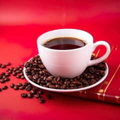 Cup of coffee with fresh roasted coffee beans isolated on a red background