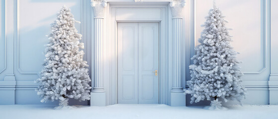 Mockup with facade of  house with front door, Christmas fir and decorations. entrance home exterior. patio, backyard in a house. doorway. Xmas, New Year template. Generative ai