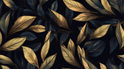 Seamless pattern with Luxury gold plant leaves on dark background. Natural exotic botanical leaf hand drawn abstract design for cosmetics, spa, decoration, invitation, card and fabric. Generative AI