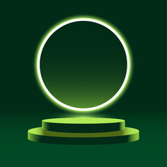 Pedestal of two steps with neon illumination in the form of a green circle. Dark green background. Stand for product advertising.