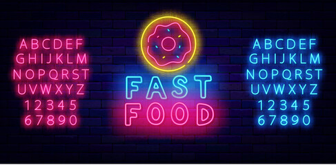 Fast food neon label. Donut icon. Street bakery logotype. Shiny blue and pink alphabet. Vector stock illustration