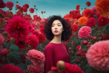 Girl stands red flowers. Generate Ai
