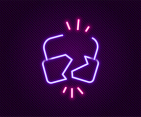 Glowing neon line Broken or cracked lock icon isolated on black background. Unlock sign. Colorful outline concept. Vector