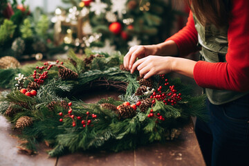 Florist making beautiful Christmas wreath. 