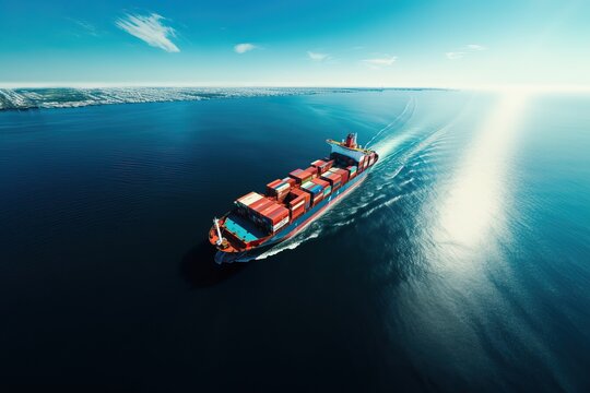 Aerial View Of Colorful Cargo Ship With Containers At Sea