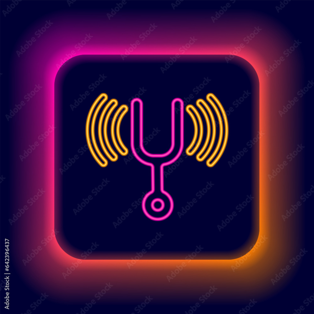 Poster glowing neon line musical tuning fork for tuning musical instruments icon isolated on black backgrou