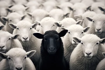 Foto op Plexiglas Black Sheep Among White Herd - Individuality Concept © Nick Alias