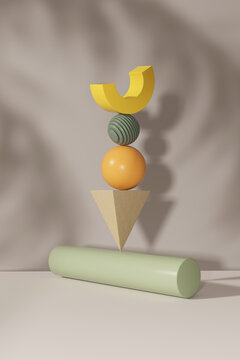 Set of colorful objects of different shapes standing and balancing on white floor