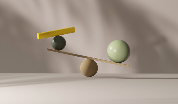 Rectangle shaped plank balancing on gray ball with colorful spheres and round wood on white ground