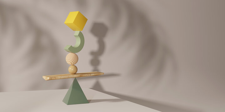 Set of colorful objects of different geometric shapes balancing while placed on white background