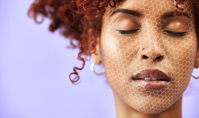 Skincare, mockup and a facial recognition for beauty with a woman on a purple background in studio. Face, future and innovation with a young model scanning her skin for change or transformation