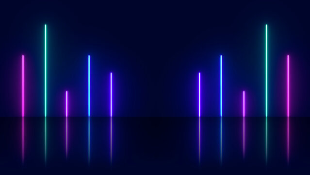Abstract background with neon lights of various colors on stage