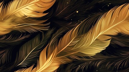 Seamless pattern with Luxury gold feather on dark background. Bird feathers hand drawn abstract design for banner, decoration, wall art, invitation, wedding, card and fabric. Generative AI - obrazy, fototapety, plakaty