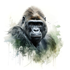Beautiful alpha male mountain gorilla, isolated on white background. Digital watercolour illustration.