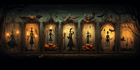 Halloween castle interior with pumpkins, pictures, candles. Horror Halloween game