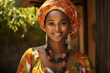 Fotobehang young african woman smiling wearing traditional clothing © Jorge Ferreiro