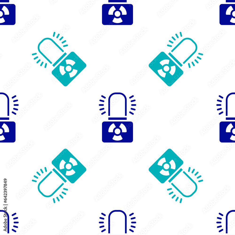 Poster blue radioactive warning lamp icon isolated seamless pattern on white background. vector