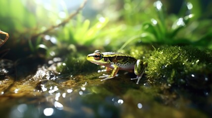 photo of a frog, macro photography , stream of fresh water, young green plant, outdoor springtime. beautiful Generative AI AIG32