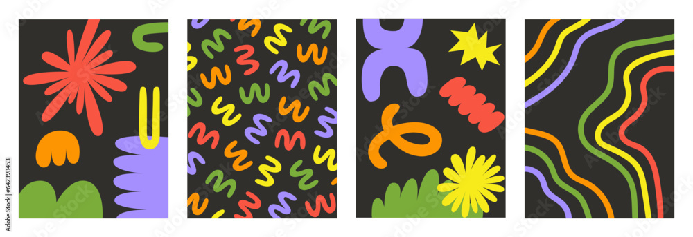 Poster Abstract retro set colorful backgrounds with naive playful shapes on a black background. Trendy vector illustration