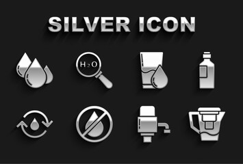 Set Water drop forbidden, Bottle of water, jug with filter, Mechanical pump, Recycle clean aqua, Glass, and Chemical formula H2O icon. Vector
