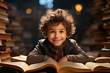 Young boy learning with books. Generated with AI
