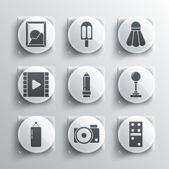 Set Photo camera, Domino, Joystick for arcade machine, Pencil with eraser, Punching bag, Play Video, Picture landscape and Badminton shuttlecock icon. Vector
