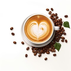 Obraz premium Cappuccino coffee cup and beans on a white background