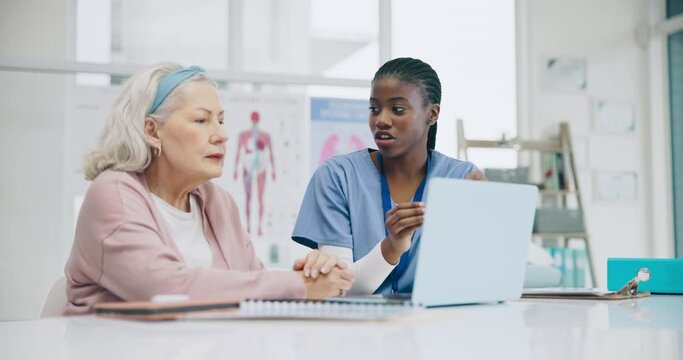 Nurse, senior woman and laptop in healthcare support, hospital services and patient history, charts or results. Doctor and elderly person on computer, physical therapy information and anatomy advice