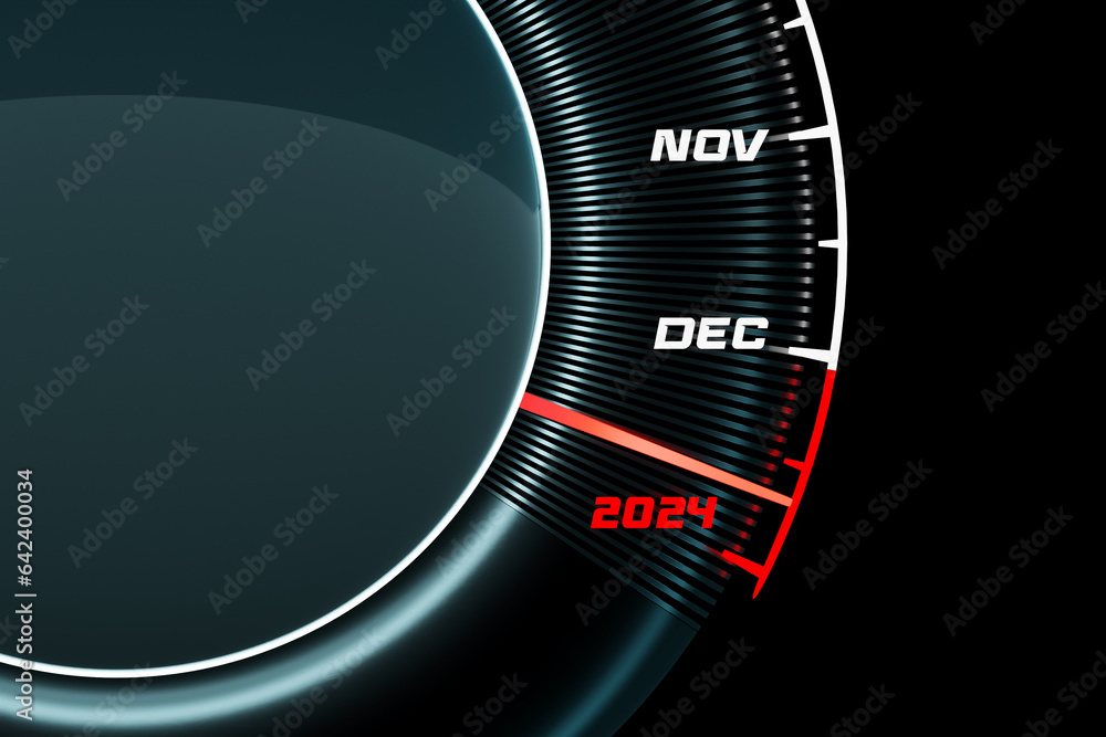 Poster 3d illustration of a detailed speedometer close-up showing the end of 2023 and the beginning of 2024