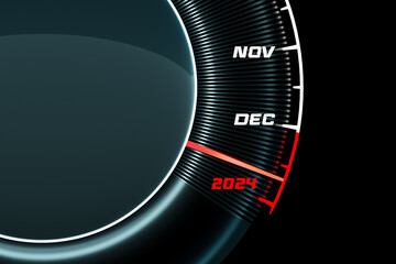 3D illustration of a detailed speedometer close-up showing the end of 2023 and the beginning of...